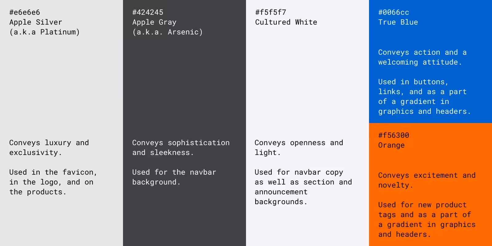  The Apple color scheme with Apple Silver, Apple Gray, Cultured White, True Blue, and Orange. 