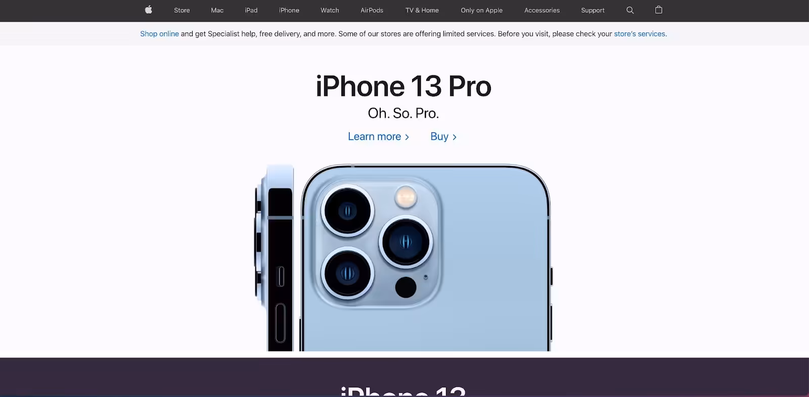 An image of the Apple home page. On the home page there is an advertisement for iPhone 13 Pro with the tagline "Oh. So Pro." 